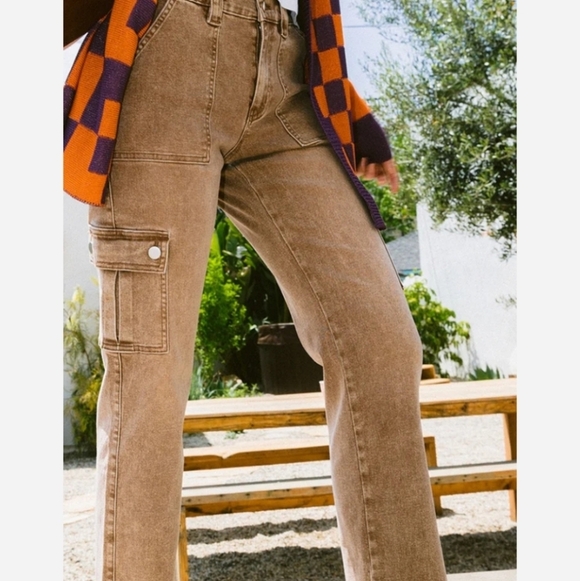 AnnieWear Lyocell Stretch High Rise Cargo Jeans in Toffee Tan Brown size Large - Picture 2 of 5